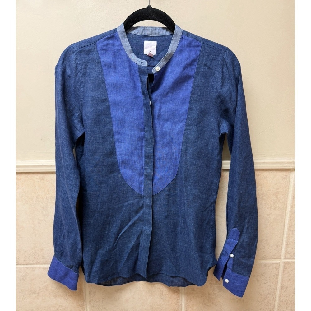 Ann Mashburn Tuxedo Bib Front Blouse Blue Linen Cotton. Sz XS - Picture 3 of 11